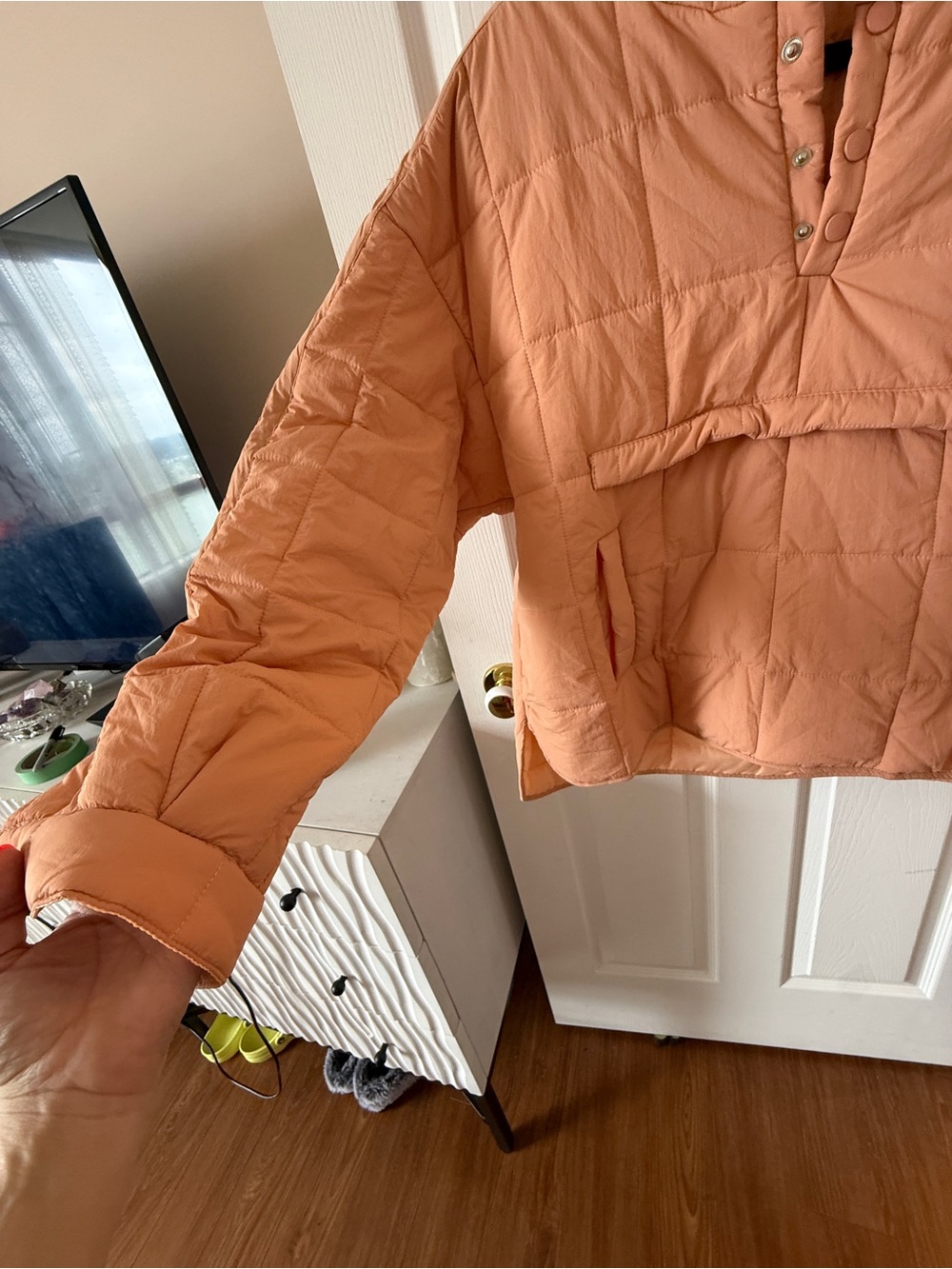 Women's Quilted Hooded Pullover Puffer Jacket - Peach - Picture 2 of 7